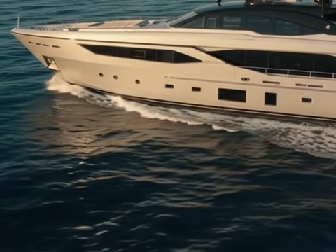 The yacht in profile on open sea at sunset